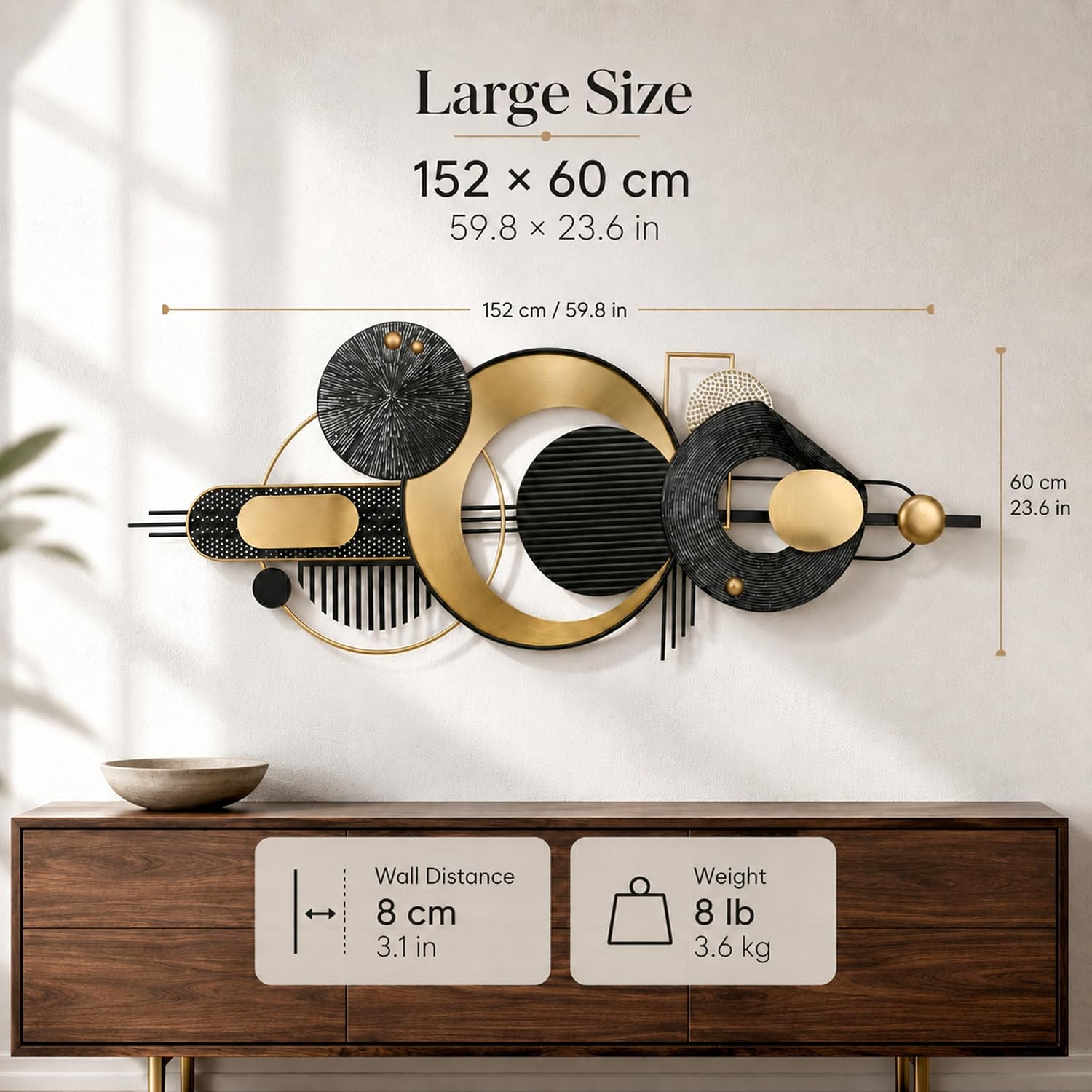 Générique Grande Décoration Murale Métal,Design Abstrait Structure Géométri Noir Or-152cm