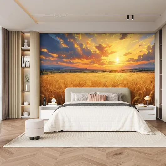 Papier Peint Panoramique Champ De Blé Coucher De Soleil Papier Peint Intissé Peinture Murale 3D Style Pastoral Grand Format Décoration Murale Poster 400x280 cm Pour Salon Chambre Bureau Cuisine 4H187 Jaune 400 x 280 cm