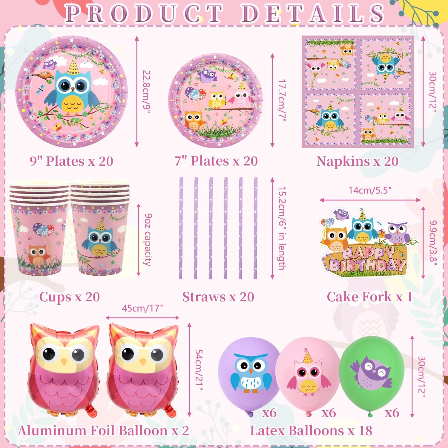 Obussgar Décorations de fête d'anniversaire en Forme de Chouette – Jolis Accessoires sur Le thème du Hibou, Comprenant bannières, Assiettes, Serviettes etc l'anniversaire Enfants – pour 20 invités