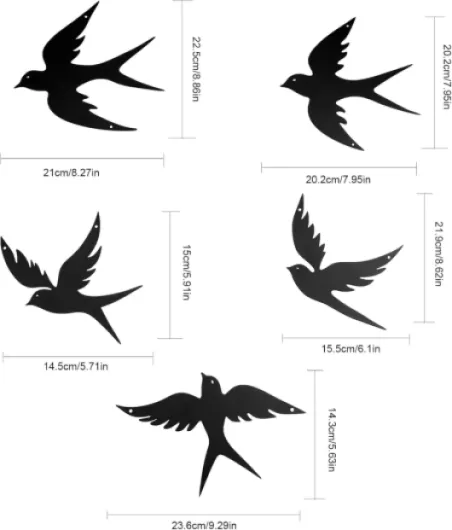 YunBey Ensemble de décorations murales en silhouette d'hirondelles noires, Set de 5 décorations minimalistes d'oiseaux volants pour salon, Décor mural métallique d'oiseaux pour intérieur, Poinçons de