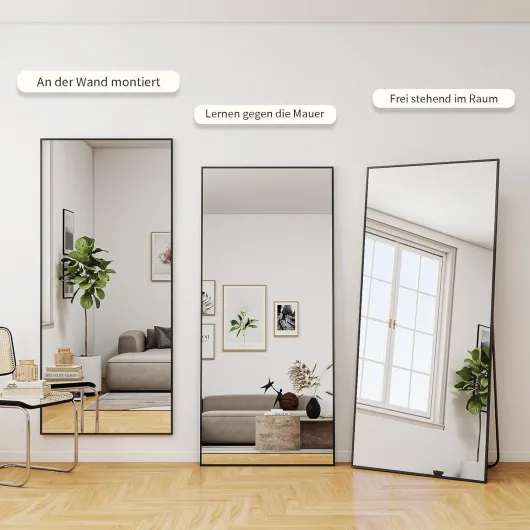 BEAUTYPEAK Miroir Pleine Longueur incassable 60 x 165 cm, Miroir sur Pied Suspendu ou appuyé Contre Le Mur, Grand Miroir de Sol avec Support pour Chambre à Coucher, Salon ou Dressing, Noir Noir 165L x 60l cm