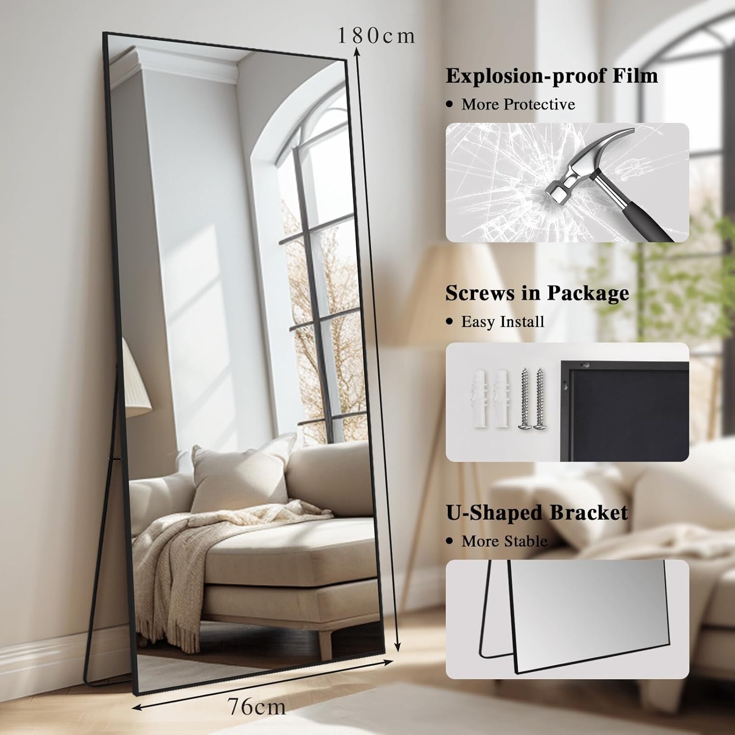 Miroir pleinFormattedMessage, sur pied, grand, chambre à coucher, salon, couloir, entrée, noir, 180 x 76 cm 180L x 76l cm Rect Noir