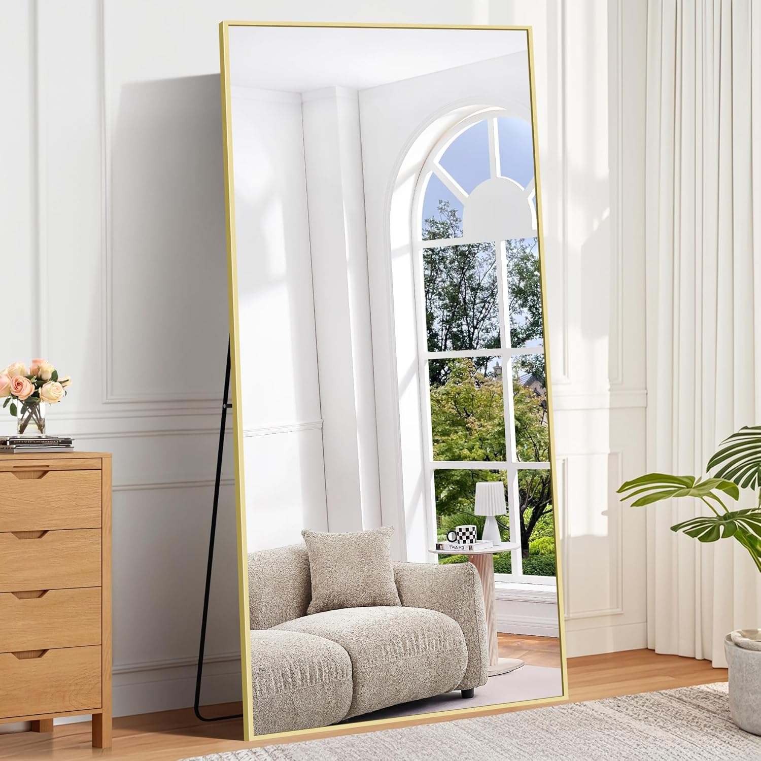Miroir sur Pied 192 x 85 cm, Miroir Pleine Longueur avec Cadre en Aluminium Or, Grand Miroir Mural Rectangulaire Penché ou Suspendu pour Chambre à Dressing, Salon, Couloir Or 192L x 85l cm