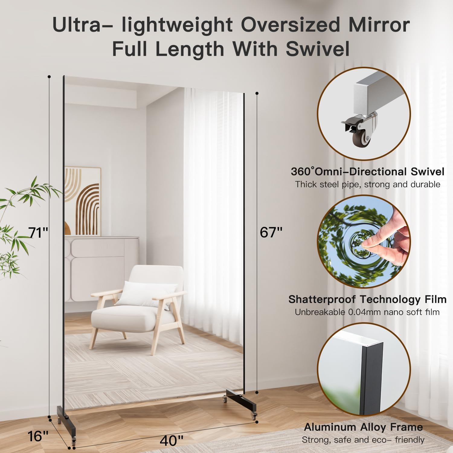 Miroir Pleine Longueur Incassable 170 x 100 cm, Miroir sur Pied avec roulettes, Grand Miroirs de Gym à Domicile pivotant à 360° Mirroir Danse Yoga pour Chambre Salon Salle de Sport Noir Noir 170L x 100B cm