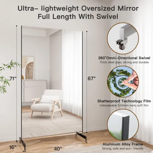 Miroir Pleine Longueur Incassable 170 x 100 cm, Miroir sur Pied avec roulettes, Grand Miroirs de Gym à Domicile pivotant à 360° Mirroir Danse Yoga pour Chambre Salon Salle de Sport Noir Noir 170L x 100B cm
