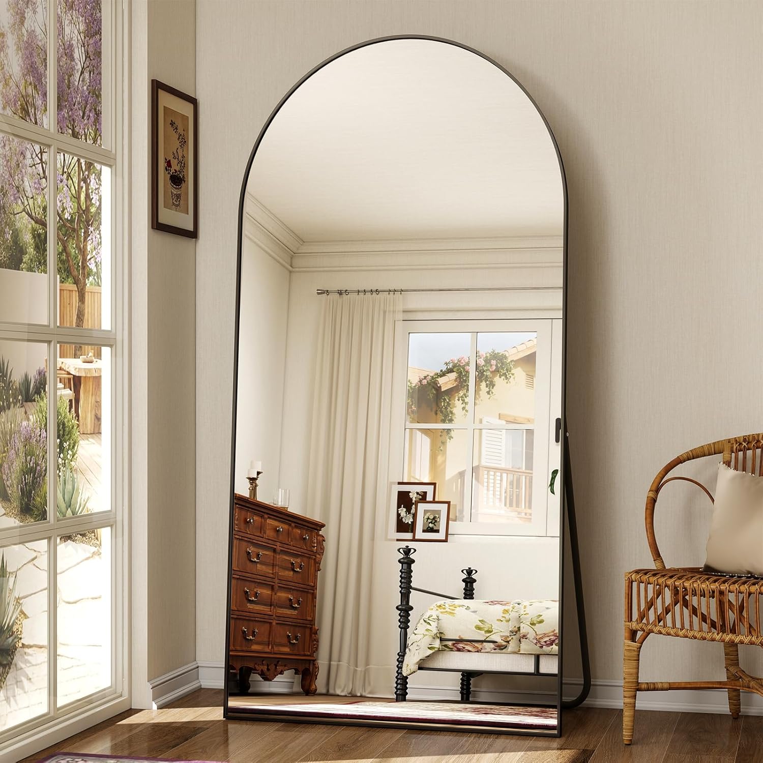 Koonmi – Grand miroir en arc de 76 x 171 cm pleine longueur, grand miroir de sol debout avec partie supérieure incurvée, à fixer au mur, à incliner pour salon, noir