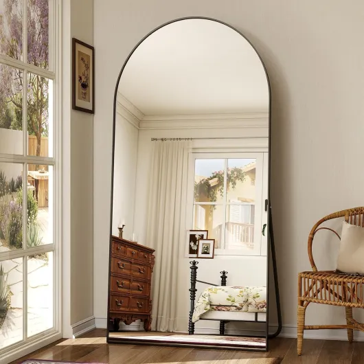 Koonmi – Grand miroir en arc de 76 x 171 cm pleine longueur, grand miroir de sol debout avec partie supérieure incurvée, à fixer au mur, à incliner pour salon, noir