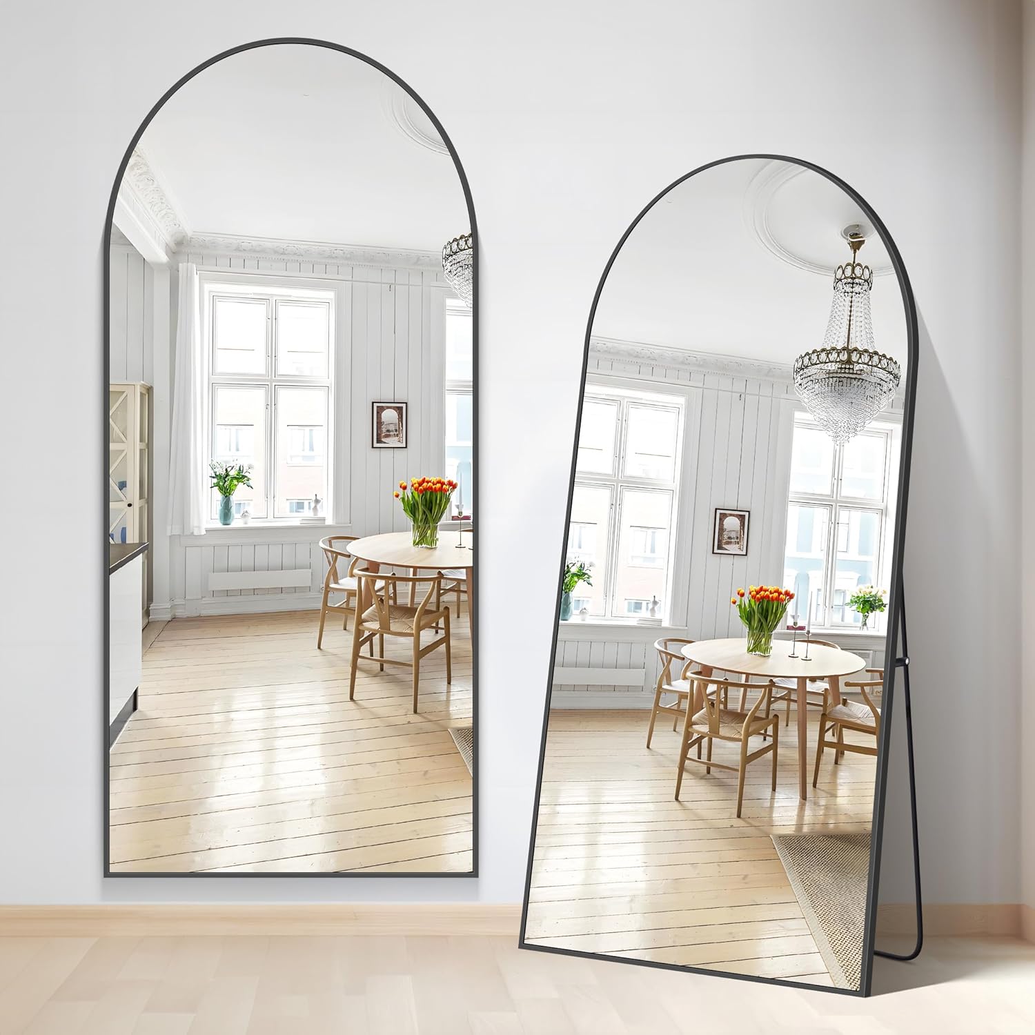 Miroir sur Pied 192 x 85 cm - Grand Mural en Pleine Longueur avec Cadre en Aluminium Noir - Arqué pour Salle de Bain, Chambre, Entrée et Couloir Noir 192L x 85l cm
