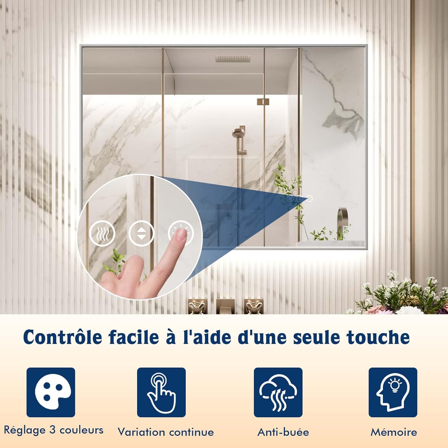 Miroir de Salle de Bain LED avec Cadre en métal argenté, Miroir de courtoisie Mural éclairé 60 x 80 cm, rectangulaire éclairé avec Gradation 3 Couleurs, antibuée et Verre trempé HD IP44 80.3L x 60.3l cm