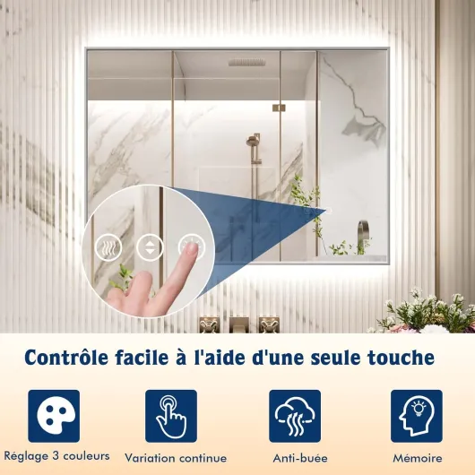 Miroir de Salle de Bain LED avec Cadre en métal argenté, Miroir de courtoisie Mural éclairé 60 x 80 cm, rectangulaire éclairé avec Gradation 3 Couleurs, antibuée et Verre trempé HD IP44 80.3L x 60.3l cm