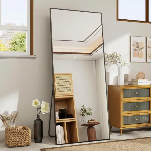Koonmi Miroir sur Pied de 171 x 76 cm, Corps Entier résistant avec Cadre en Aluminium étroit Minimaliste, Grand Miroir Mural Moderne pour Salon et Chambre 171L x 76l cm Noir