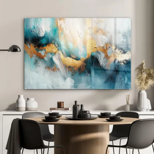 © Image sur Verre 120x80 cm Art Mural Décoration pour la Chambre Tableau sur Toile Peinture Déco Murale Moderne Salon Abstrait - Art - Or - Bleu Abstrait - Art 80L x 120l cm