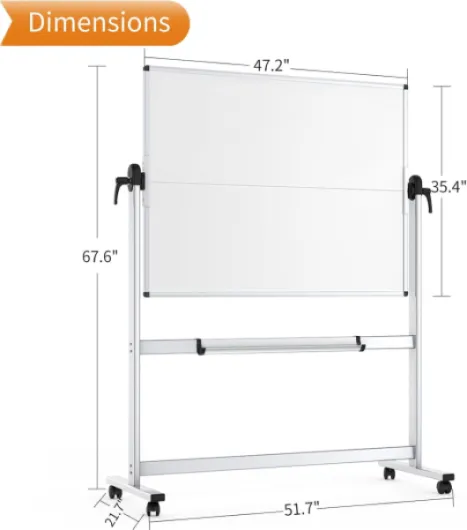 VIZ-PRO Tableau Blanc Mobile Double Face, 120 x 90 cm, Tableau Blanc Magnétique Effaçable à Sec Sur Roulettes Avec Cadre en Aluminium et Support 120l x 90H cm