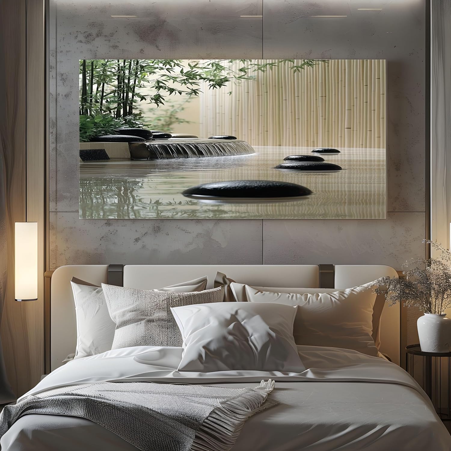 ZORYAN Tableau Decoration Murale Salon Cadre en Bois Pierres Zen En Bambou Décoration Murale Prêt à Suspendre 70x140cm Vert Tableau Artistique pour Chambre Adulte, Peinture Décorative Toile tendue sur châssis en bois 70x140 cm