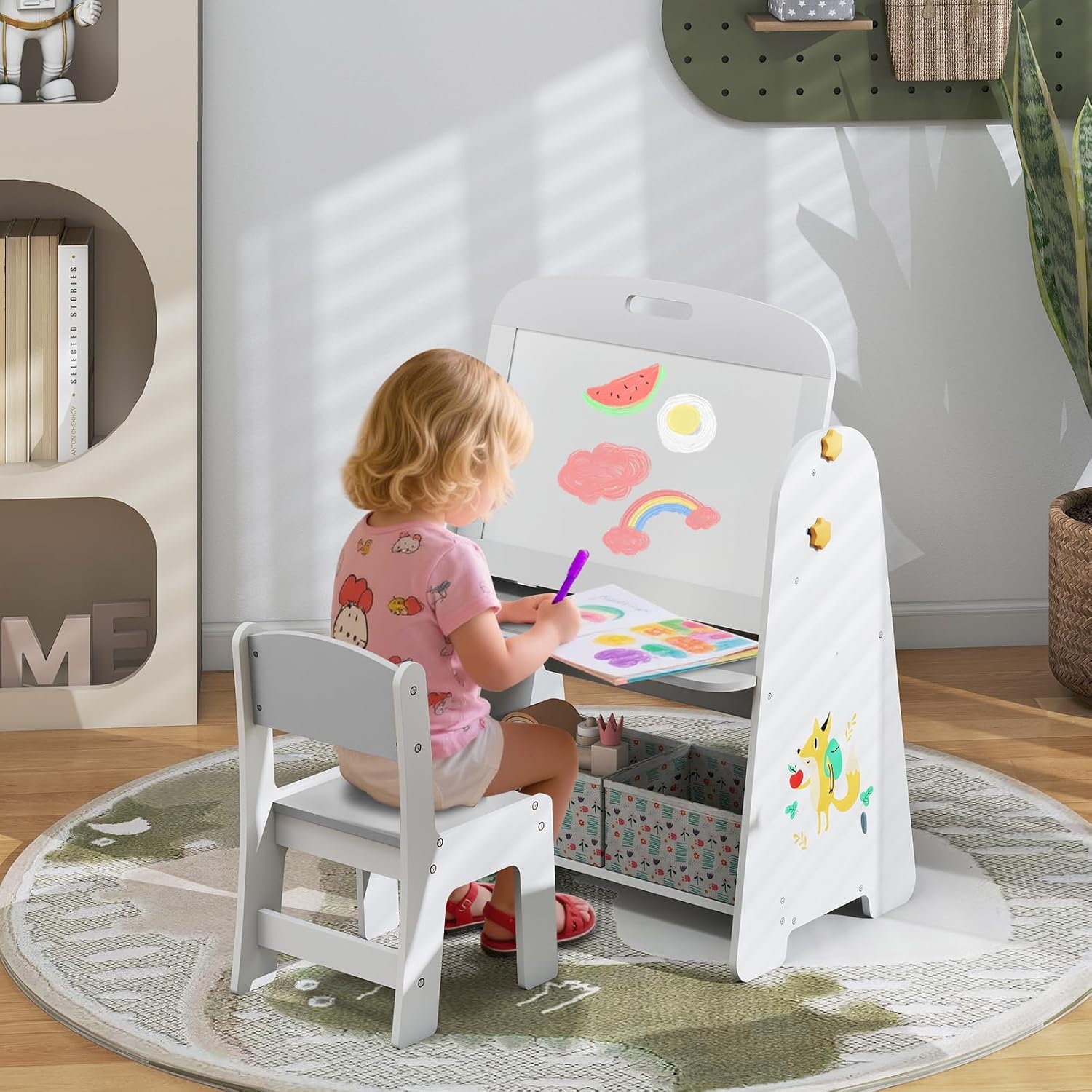 4 en 1 Ensemble de Table Artistique pour Enfants avec Chaise, Bureau,Tableau Magnétique,Tableau Noir et Etagère,Trépied Réglable en Angle et Craies pour 3 Ans et+ (Naturel)