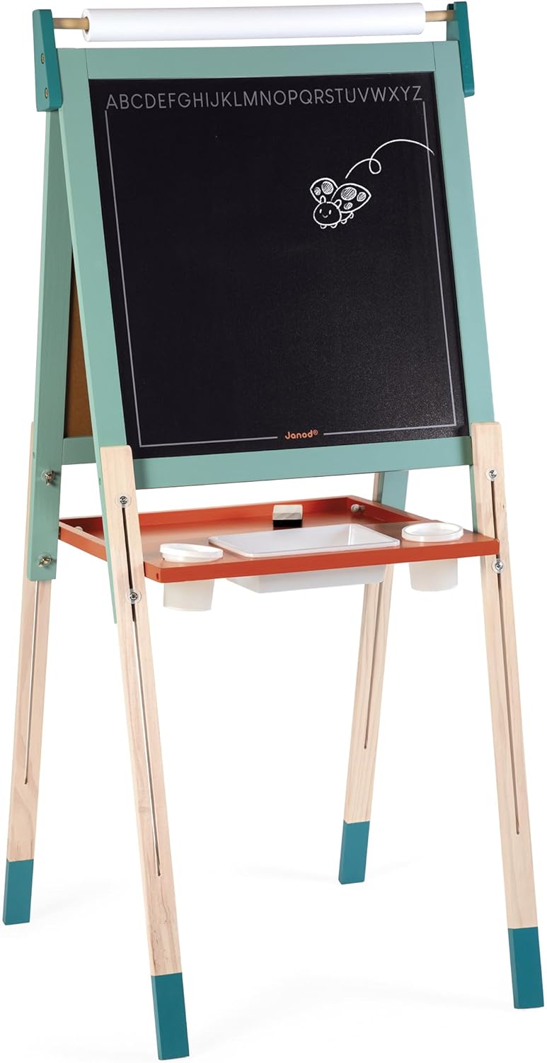 Tableau Chevalet Double Face en Bois - Évolutif, Réglable en Hauteur - Ardoise Blanche Magnétique + Ardoise pour Craie + Rouleau de papier - 23 Accessoires Inclus - Dès 3 ans, J09625