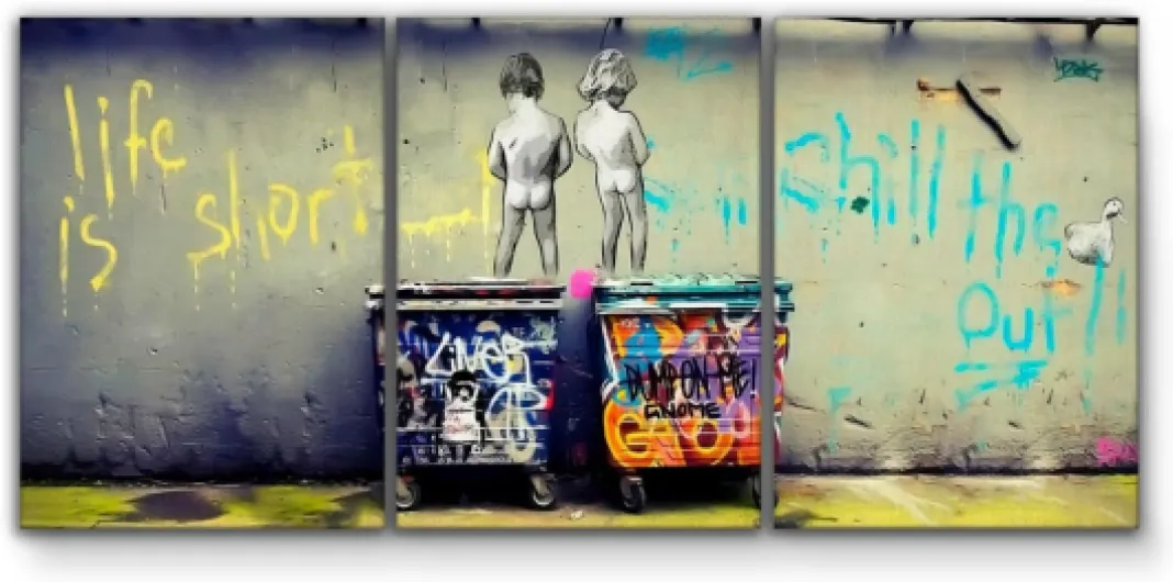 Peintures Grand Format XXL - Banksy - Street Art - Enfants Qui Font Pipi - Toile - 218x100cm - 3pcs - x 70x100cm - Grande Image 218x100cm - 3pz - x 70x100cm Street Art - Enfants Qui Font Pipi