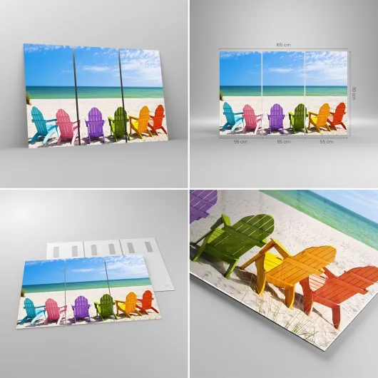Moderne Impression sur Verre 165x110cm Image Tableau en Verre Decoration Murale Sunbed rivage Floride Été Grand XXL Tableaux Decoratifs Chambre Triptyque 3 parties Deco Salon Art GCE165x110-3160 165x110 cm