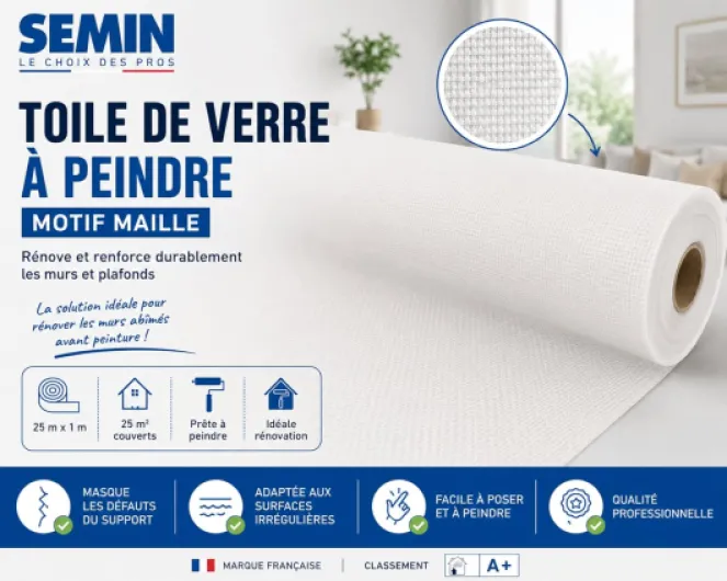 Toile de Verre à Peindre Motif Maille 25 m² (25 x 1 m) – Revêtement Mural Rénovation Murs et Plafonds – Masque Défauts et Fissures – Fibre de Verre 105 g/m² – Qualité Professionnelle maille 25.0