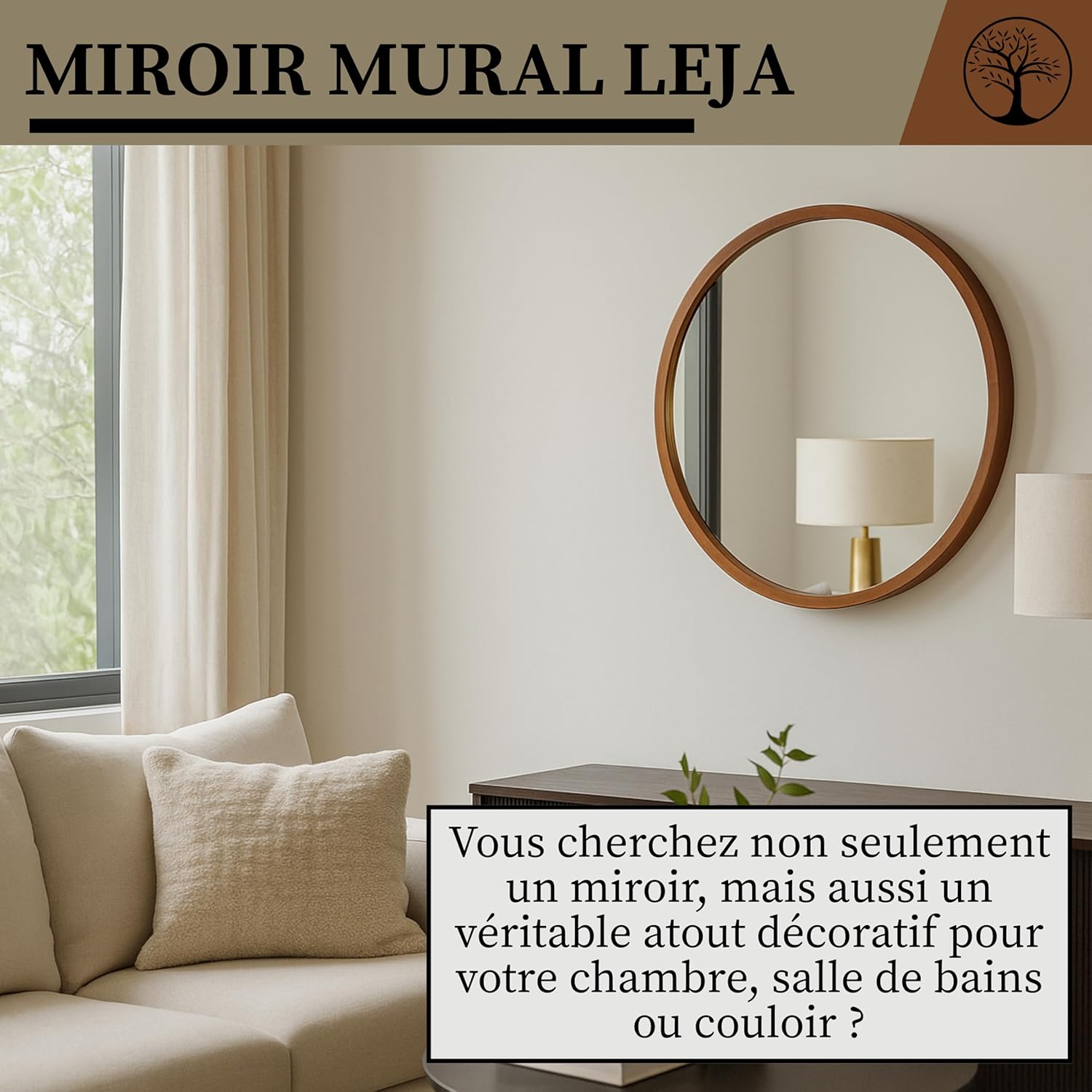LEJA – Miroir Mural Rond, Cadre en Bois (∅80 cm), Bois Rustique – pour Salle de Bain, entrée, Salon, Chambre Rustique 80L x 80l cm