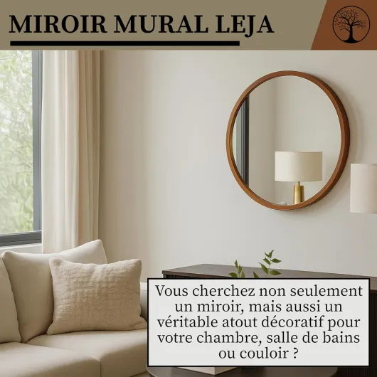 LEJA – Miroir Mural Rond, Cadre en Bois (∅80 cm), Bois Rustique – pour Salle de Bain, entrée, Salon, Chambre Rustique 80L x 80l cm