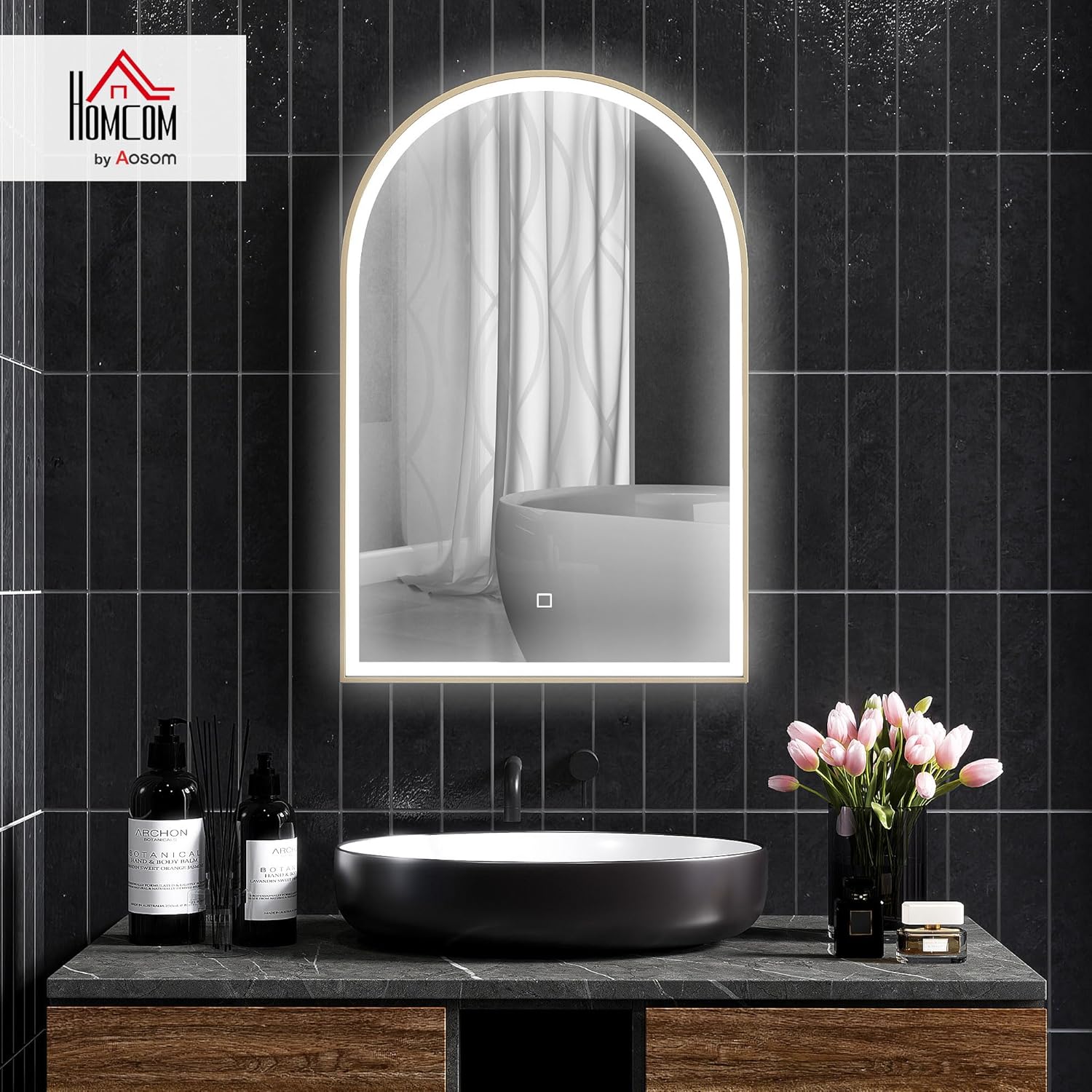 Miroir Salle de Bain avec éclairage LED 90 x 60 cm, Miroir Mural arqué, lumière réglable 3 Couleurs, Anti-buée, mémoire, Interrupteur Tactile, Miroir Salle de Bain, Cadre en Aluminium, doré