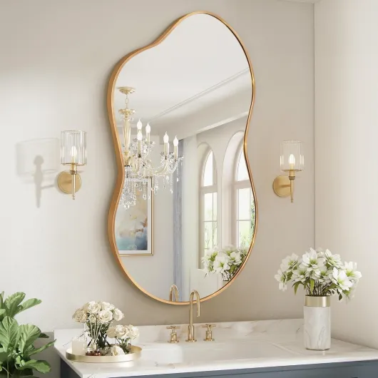 Miroir Mural Irrégulier, Miroir Décoratif Asymétrique avec Cadre en Alliage d’Aluminium Qualité Aviation pour Salle de Bain, Chambre, Salon, Entrée Or 115L x 65l cm