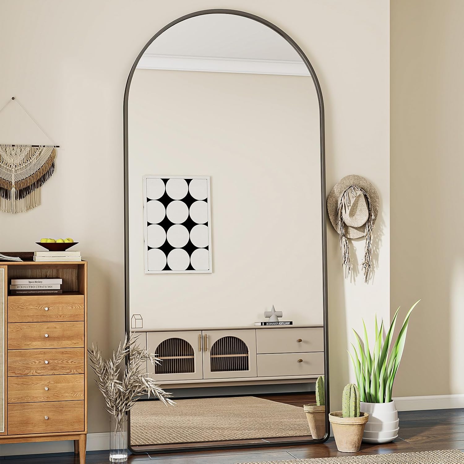 Koonmi 76 x 171 cm - Miroir Pleine Longueur Bombé sur Pied avec Coins Arrondis pour Le Salon et Dressing - Noir Noir 171L x 76l cm