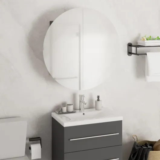 Armoire de salle de bain moderne avec miroir LED rond - 70 cm - Gris - 47 x 47 x 17,5 cm - Grand espace de rangement mural - Pour petits invités - WC - Salle de bain