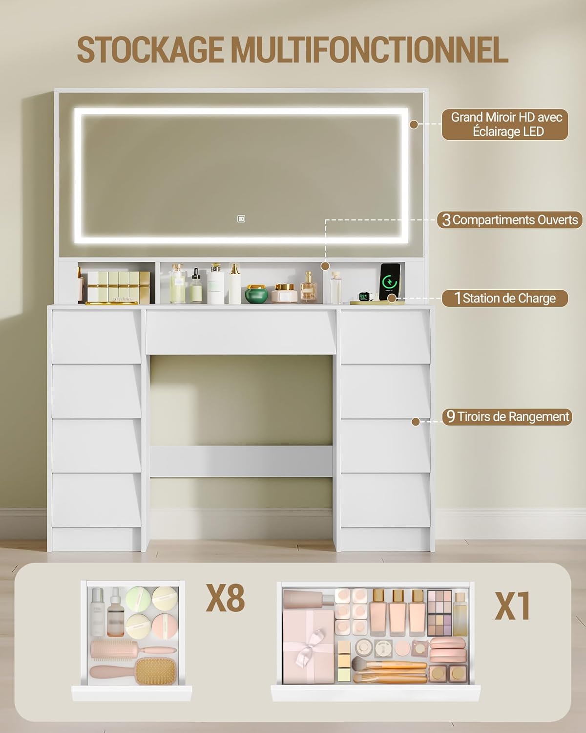 Coiffeuse avec Miroir, Grande Coiffeuse avec Éclairage LED, Multiprise, Vanity Table avec Rangement 9 Tiroirs et 3 Espaces Ouverts, Chambre, Style Moderne, Blanc 1180303XEU