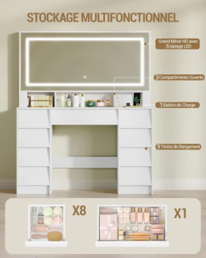 Coiffeuse avec Miroir, Grande Coiffeuse avec Éclairage LED, Multiprise, Vanity Table avec Rangement 9 Tiroirs et 3 Espaces Ouverts, Chambre, Style Moderne, Blanc 1180303XEU