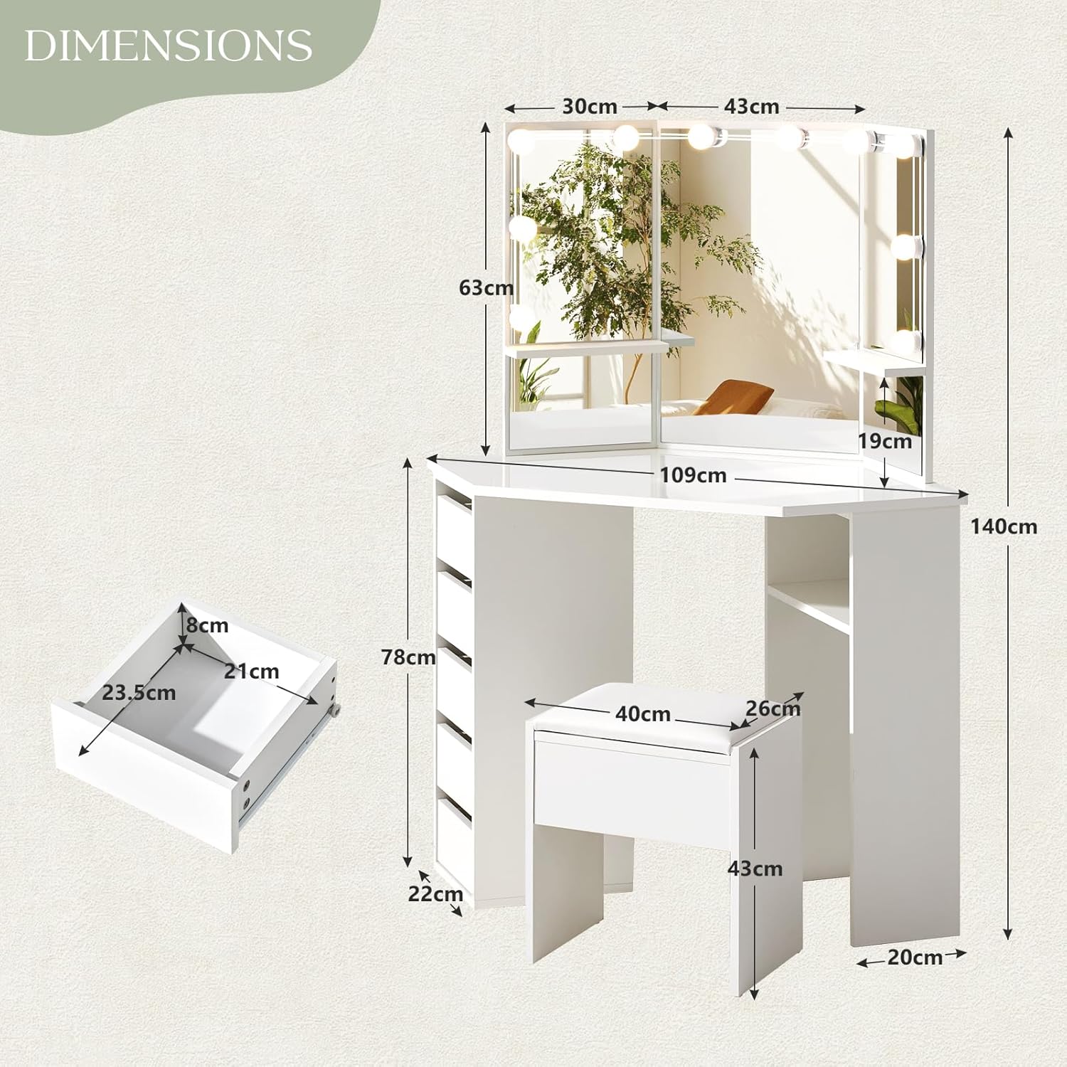 Coiffeuse d'angle avec Miroir à LED Réglable, Table de Maquillage avec 5 Tiroirs et Tabouret - Coiffeuse avec 3 Miroirs et Grand Espace de Rangement