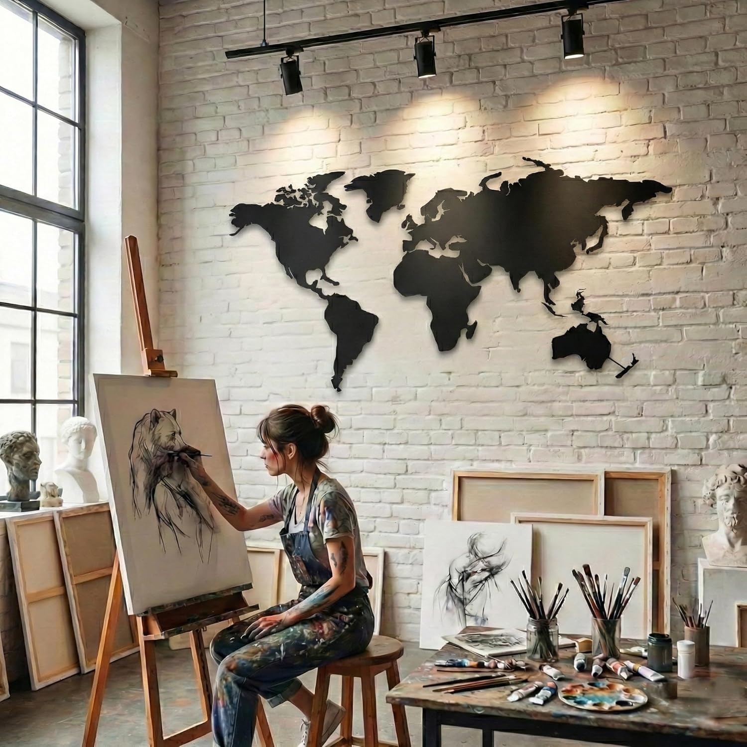 Art mural en métal, carte du monde, 4 pièces, 149,9 cm x 81,3 cm, noir mat, acier de 2 mm, montage flottant 59"Wx32"H / 150cmx80 cm