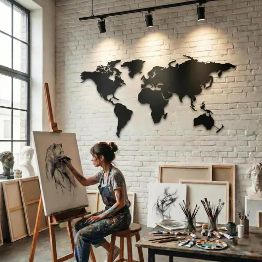 Art mural en métal, carte du monde, 4 pièces, 149,9 cm x 81,3 cm, noir mat, acier de 2 mm, montage flottant 59"Wx32"H / 150cmx80 cm