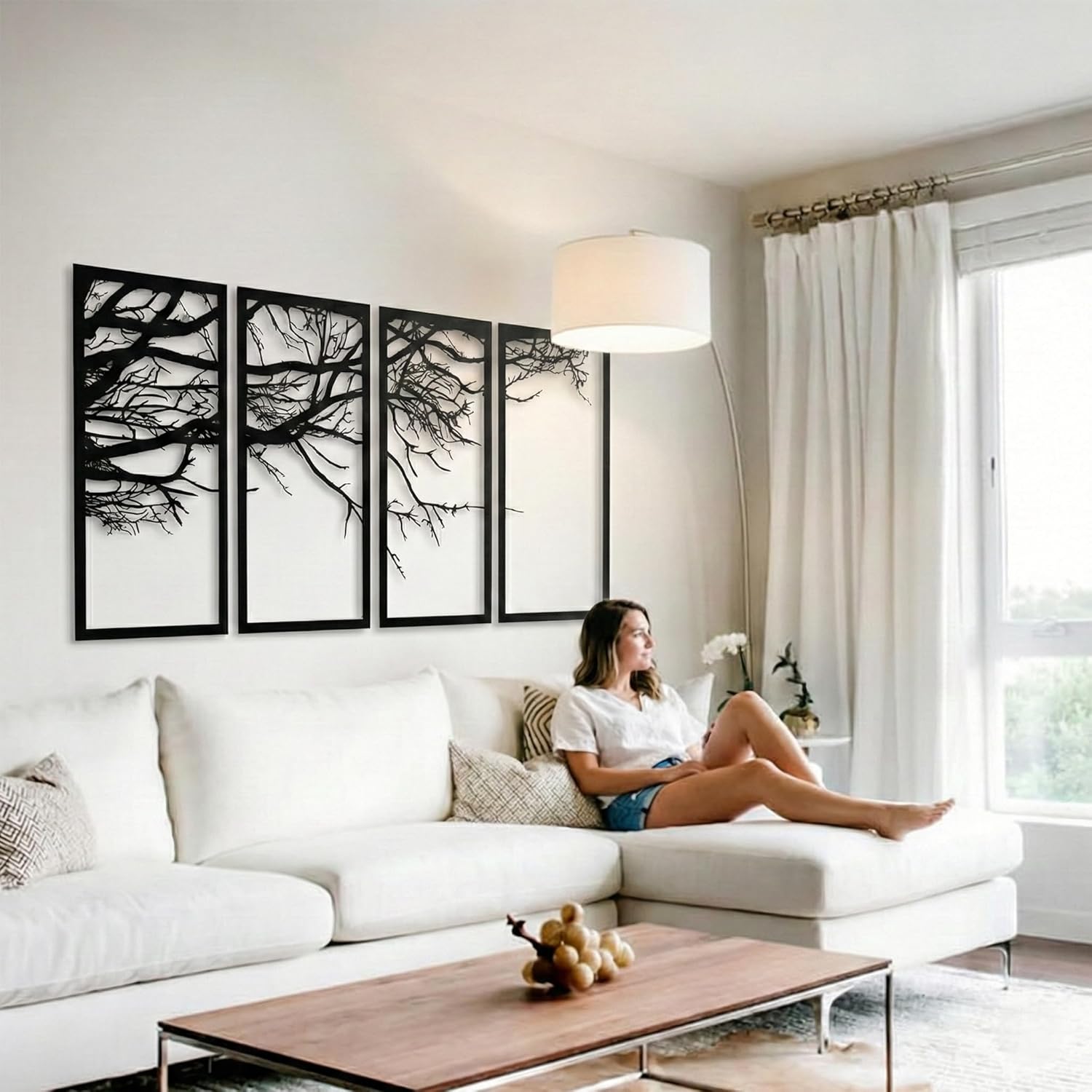 Art Mural en métal, Arbre de Vie, 4 pièces, décoration Murale en métal (175x88cm)