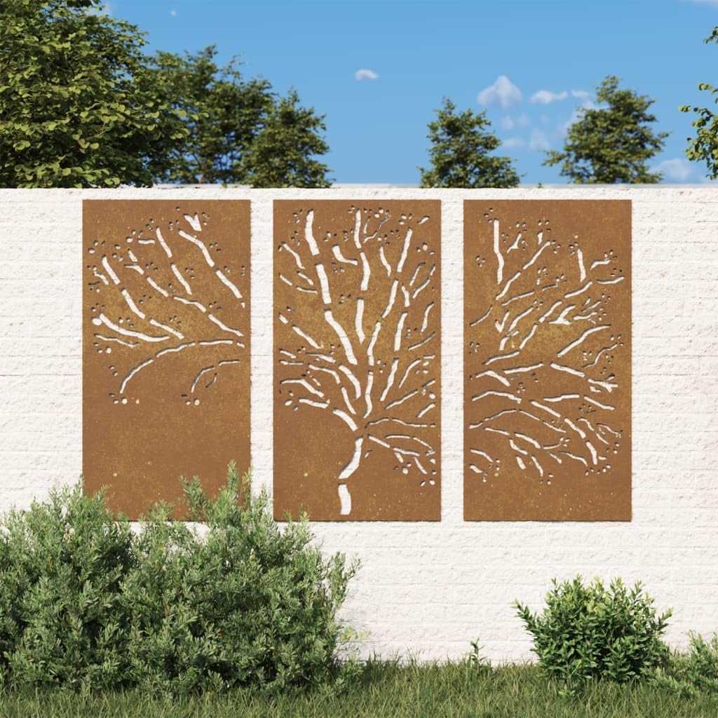 Décorations murales Jardin 3 pcs 105x55 cm Design d'arbre Acier, décoration Murale extérieure, Art Mural de Jardin, décoration Murale en métal