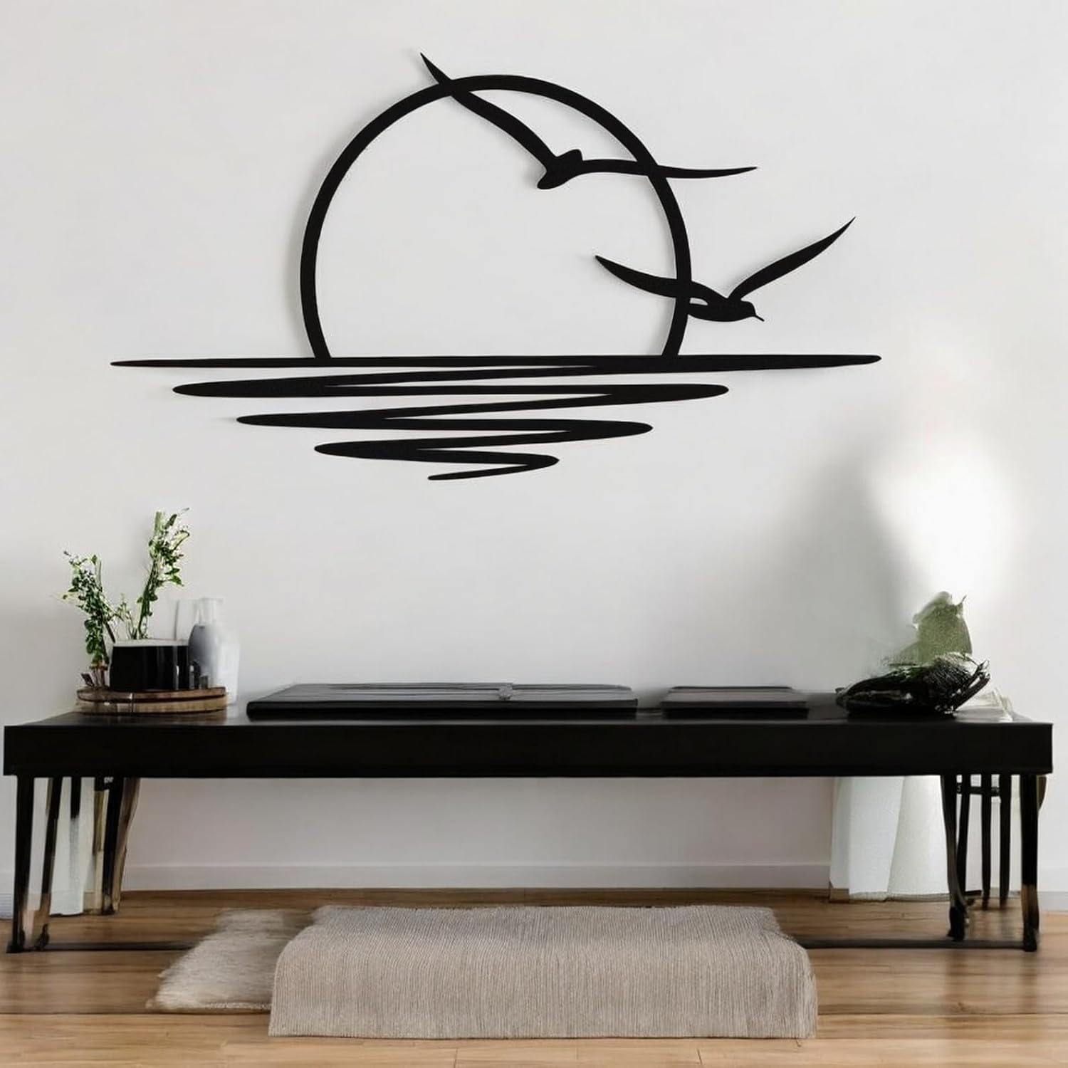 Tubibu Art mural en métal - Décoration murale à paillettes - Lignes minimalistes noires - Lever de soleil pour salon, chambre à coucher, cadeau de pendaison de crémaillère en plein air - Taille M 74L x 41l cm