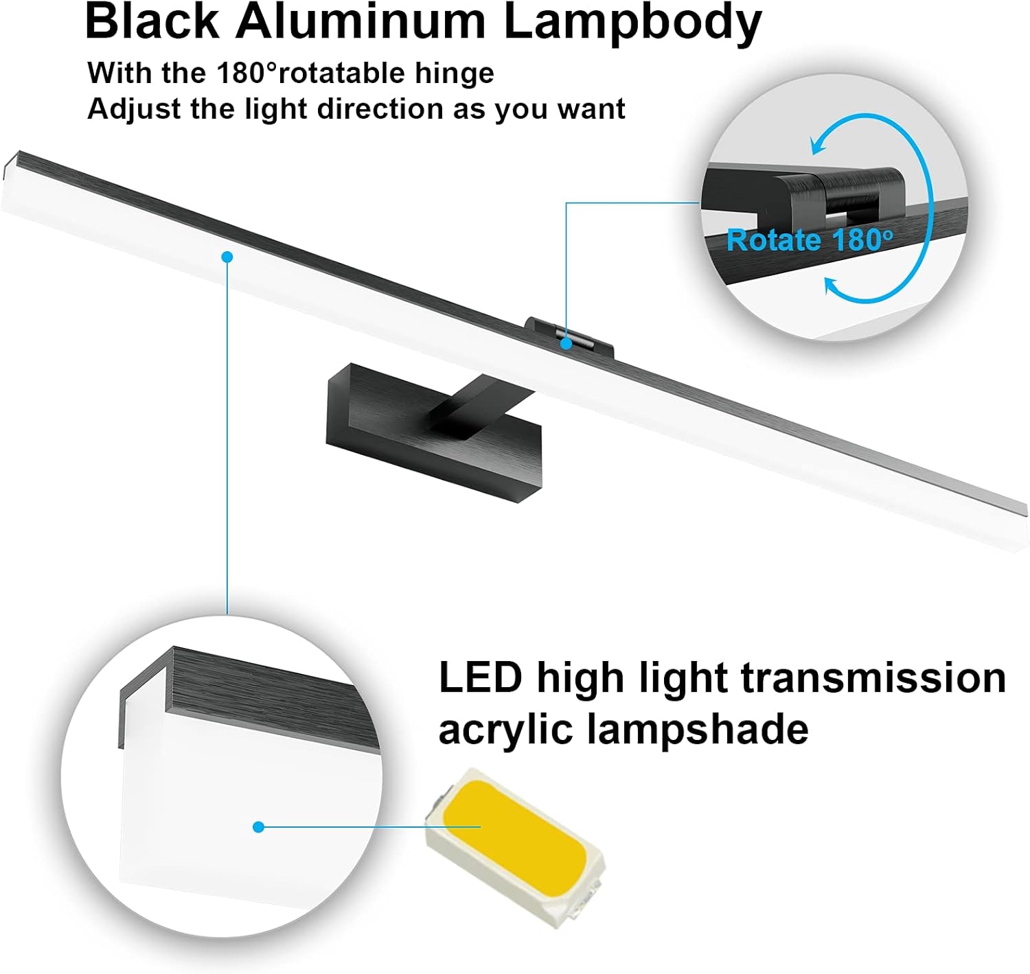 Lampe pour Miroir LED Salle de Bains 24W 1170LM Lampe Armoire Miroir Applique Murale Intérieure Moderne Luminaire Salle de Bain, Blanc Froid 6000K, Noir, 80CM/31.5IN 80CM/31.5IN Noir