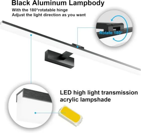 Lampe pour Miroir LED Salle de Bains 24W 1170LM Lampe Armoire Miroir Applique Murale Intérieure Moderne Luminaire Salle de Bain, Blanc Froid 6000K, Noir, 80CM/31.5IN 80CM/31.5IN Noir