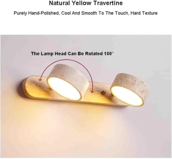 Applique Murale linéaire en Pierre Naturelle, Style Ferme, en Bois, travertin Jaune, 2, 3 ou 4 Lampes, éclairage de Salle de Bain sur Miroir, éclairage LED Rotatif à 180° (Bois 32 cm) Wood 32cm