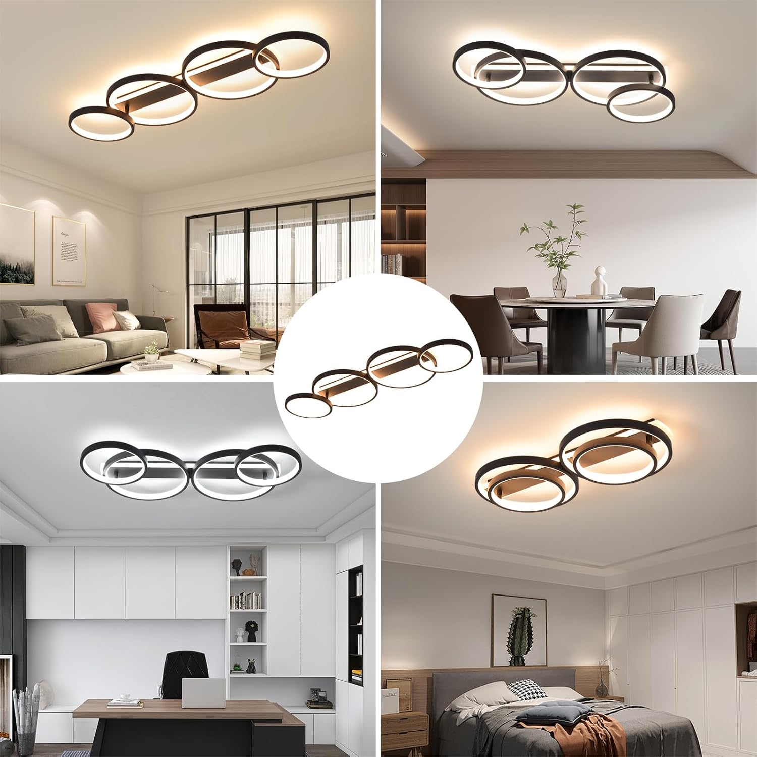LED Plafonnier,Moderne Lampe de plafond 48W 3000K-6500K,4 anneaux ronde design Chambre Eclairage,Luminaire interieur deco avec Telecommande APP Dimmable,Lampe Lustre pour salon bureau cuisine couloir Noir