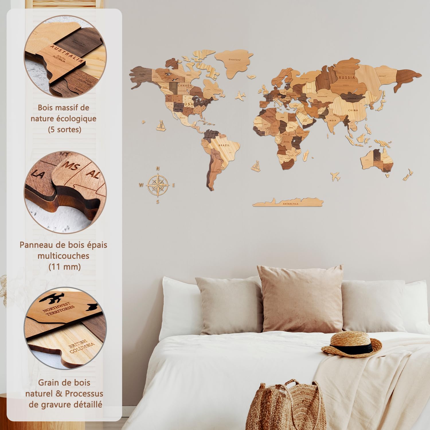 Carte du Monde 3D en Bois pour Décoration Murale, Carte Murale Décorative en Bois Massif Naturel Multicouche pour la Maison & Bureau, Carte du Monde de Voyage en Bois Multicolore 200x114 CM