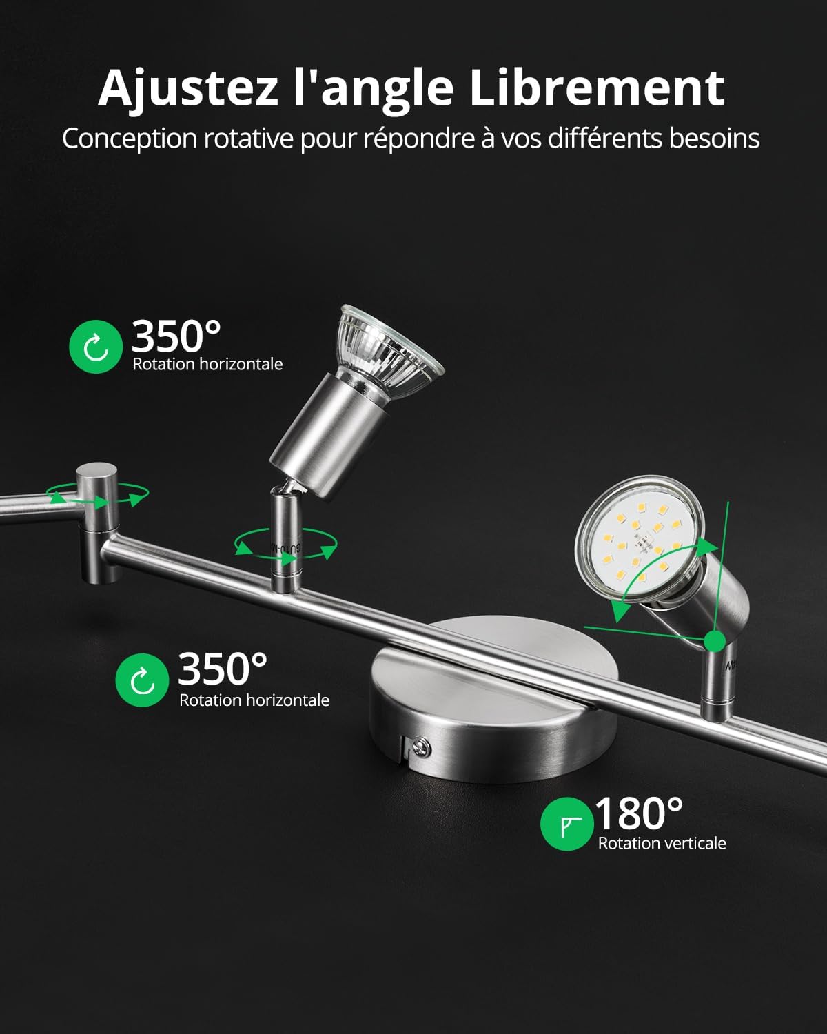 Plafonnier LED 6 Spot, Luminaire Plafond Lustre Orientable GU10 Light, Lampe Eclairage de Cuisine Applique, Ampoules Blanc Neutre Incl 6 x 6W, pour Interieur Salle Manger Salon, Nickel Mat 6 Spots / Blanc Neutre / Nickel