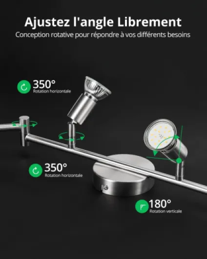 Plafonnier LED 6 Spot, Luminaire Plafond Lustre Orientable GU10 Light, Lampe Eclairage de Cuisine Applique, Ampoules Blanc Neutre Incl 6 x 6W, pour Interieur Salle Manger Salon, Nickel Mat 6 Spots / Blanc Neutre / Nickel