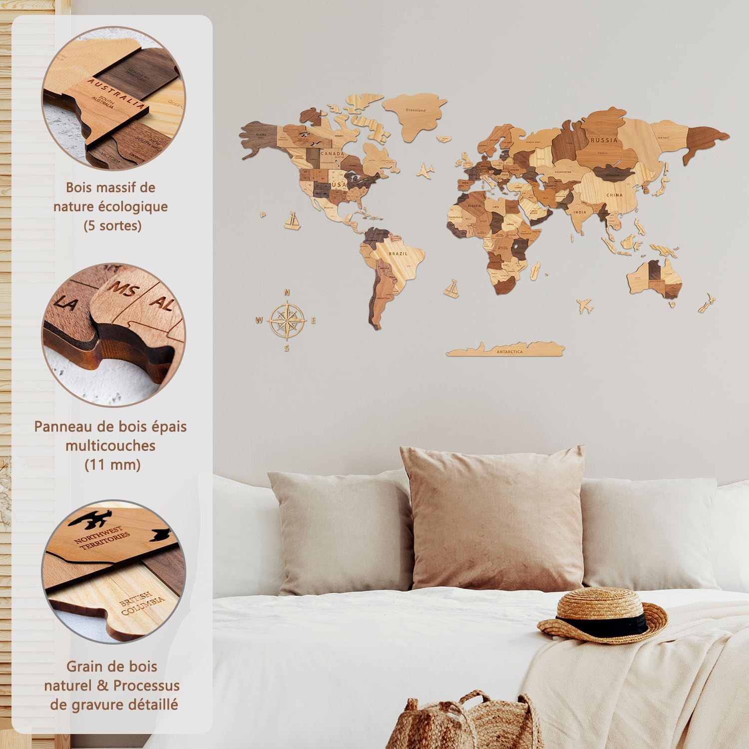 Carte du Monde de Voyage 3D en Bois pour Décoration Murale, Carte Murale Décorative en Bois Massif Naturel Multicouche pour la Maison et le Bureau, Multicolore-150x85 CM