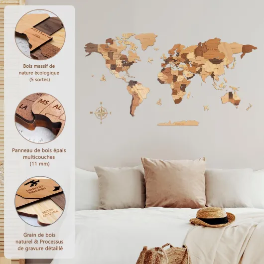 Carte du Monde de Voyage 3D en Bois pour Décoration Murale, Carte Murale Décorative en Bois Massif Naturel Multicouche pour la Maison et le Bureau, Multicolore-150x85 CM