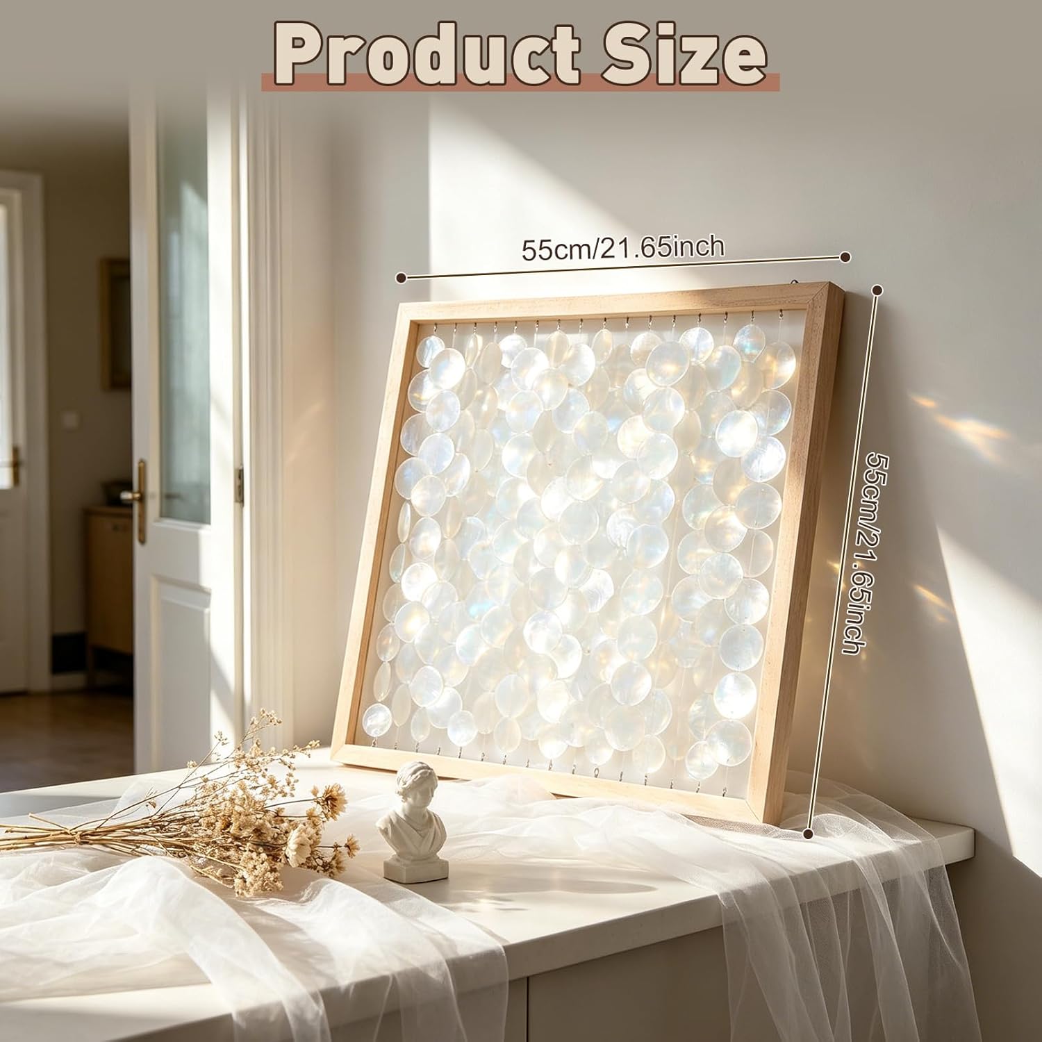 URCheers Décoration murale faite à la main en coquillages Capiz (55 x 55 cm) avec cadre en bois massif - Coquillage blanc minimaliste - Décoration murale maritime pour salon, chambre à coucher et