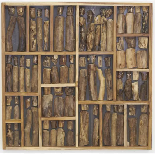 Décoration Murale en Bois Flotté de Teck Recyclé - Personnages Sculptés - Cadre Rectangulaire à Suspendre - Grand Format 100 x 100 cm - Vendu à la pièce