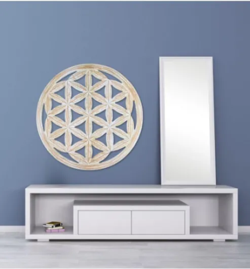 Grand décor mural fleur de vie en bois sculpté blanc cérusé ø60cm