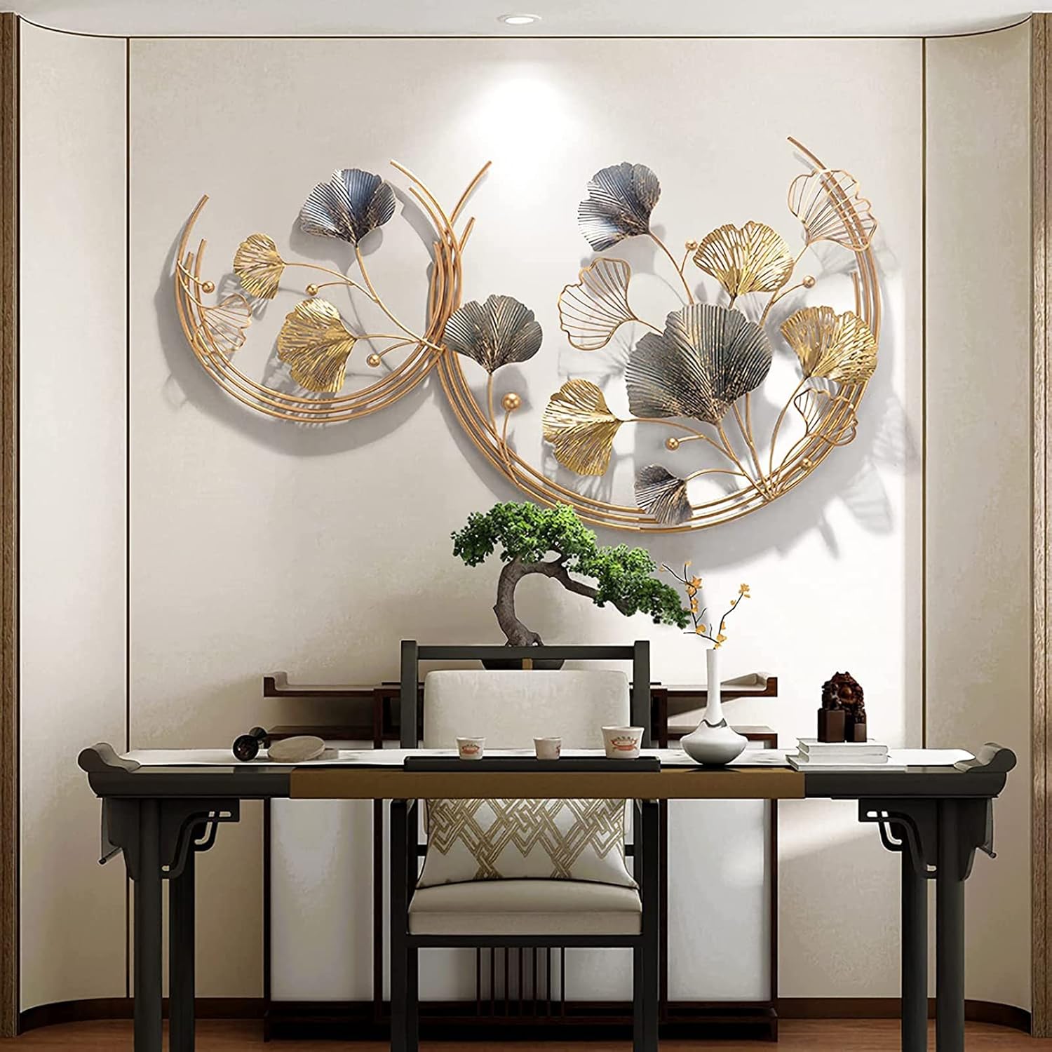 BHKERUZ Statue de décoration Murale de Feuille de Ginkgo en Fer forgé Moderne, Maison Salon Mur Artisanat entrée Couloir décoration Murale Ornement,110 * 67cm